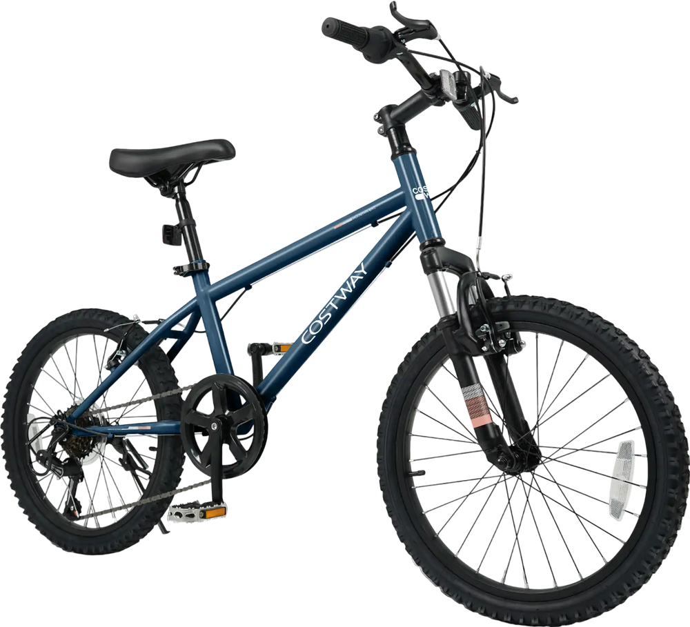 Navy 20-inch kids mountain bike showcasing large pneumatic tires and adjustable handlebar for versatile riding comfort.