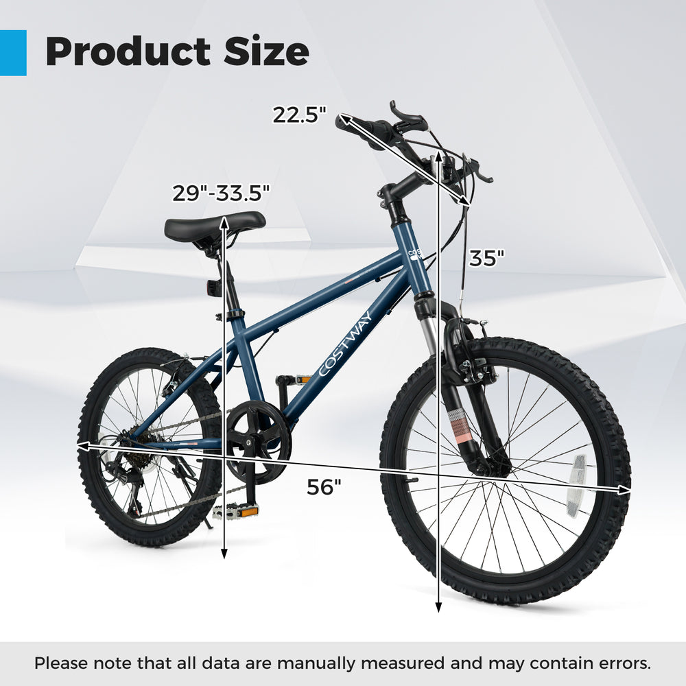 Product size chart for Kids Mountain Bike with 20-inch wheels, showing dimensions for adjustable features and frame.