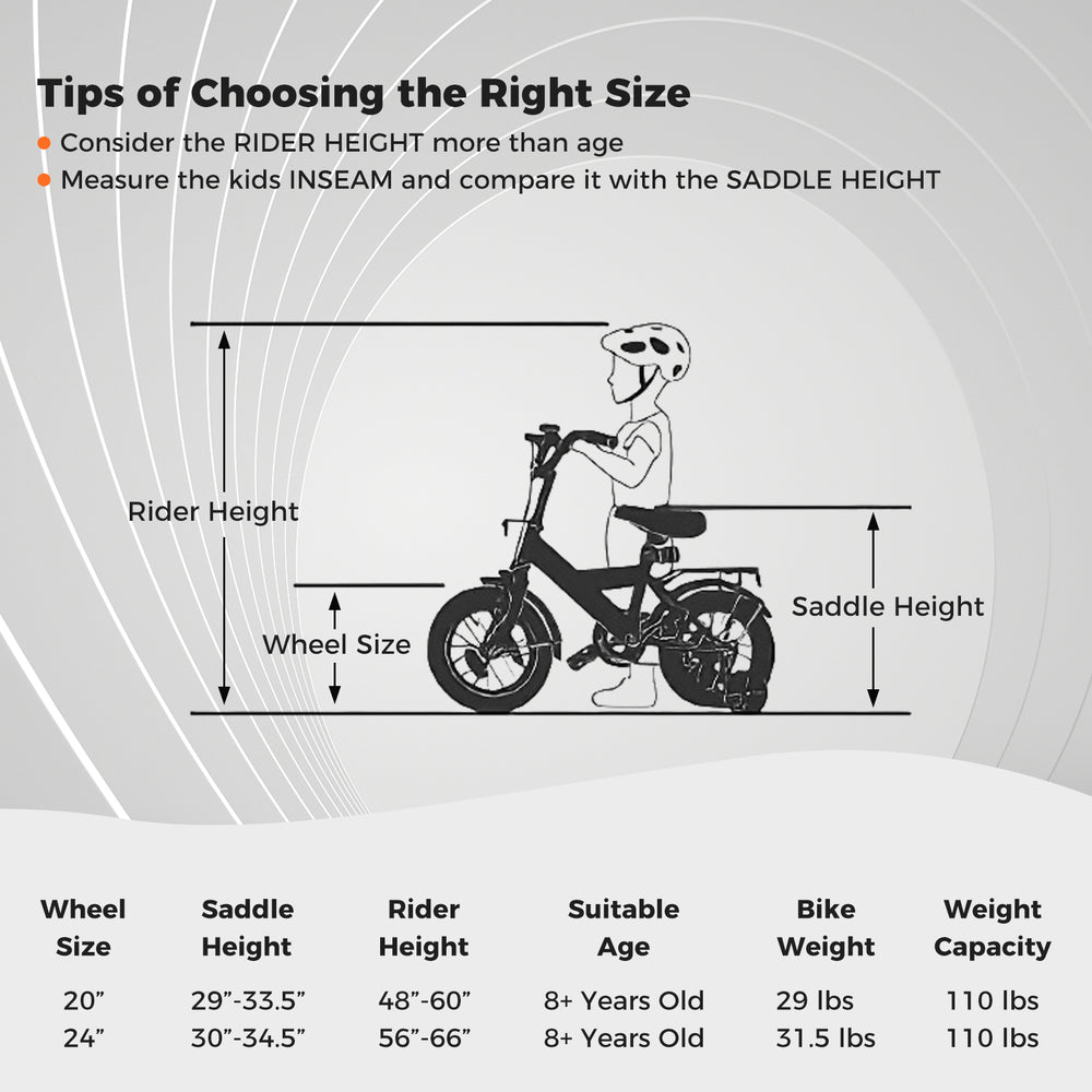 Kids mountain bike size guide illustrating wheel size, saddle height, and rider height for 20-inch and 24-inch models.