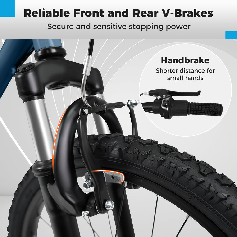 Close-up of the front V-brake on a navy 20-inch kids mountain bike, featuring dual brakes for secure stopping power.