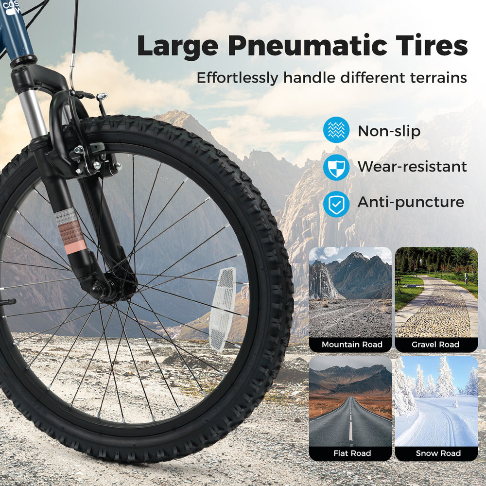 Large pneumatic tire of the Kids Mountain Bike, non-slip and wear-resistant, ideal for various terrains like gravel and.