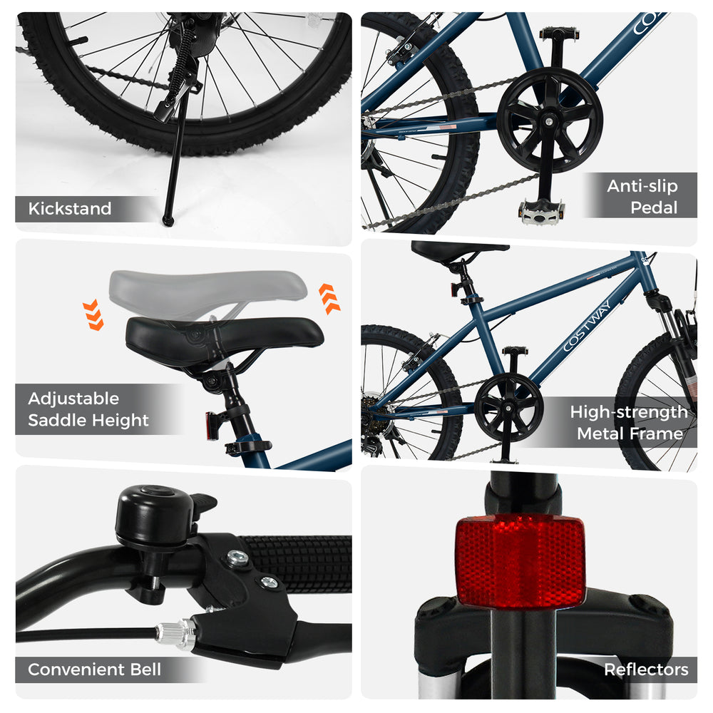 Kids mountain bike features adjustable saddle height, anti-slip pedal, and convenient bell for safe rides.