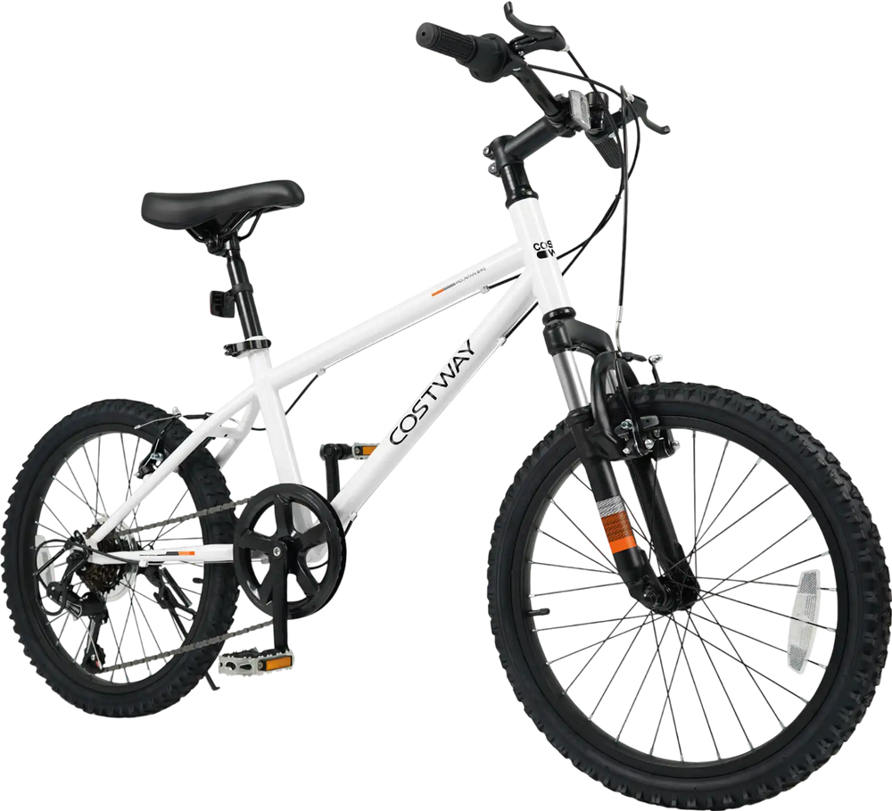 Kids mountain bike in white with 20-inch wheels, adjustable saddle, and dual V-brakes for safe riding.