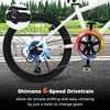 Shimano 6-speed drivetrain on a kids mountain bike, allowing easy gear changes for various terrains and smooth rides.