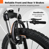 Close-up of the dual V-brakes on a kids mountain bike, featuring a handbrake designed for small hands for safe stopping.