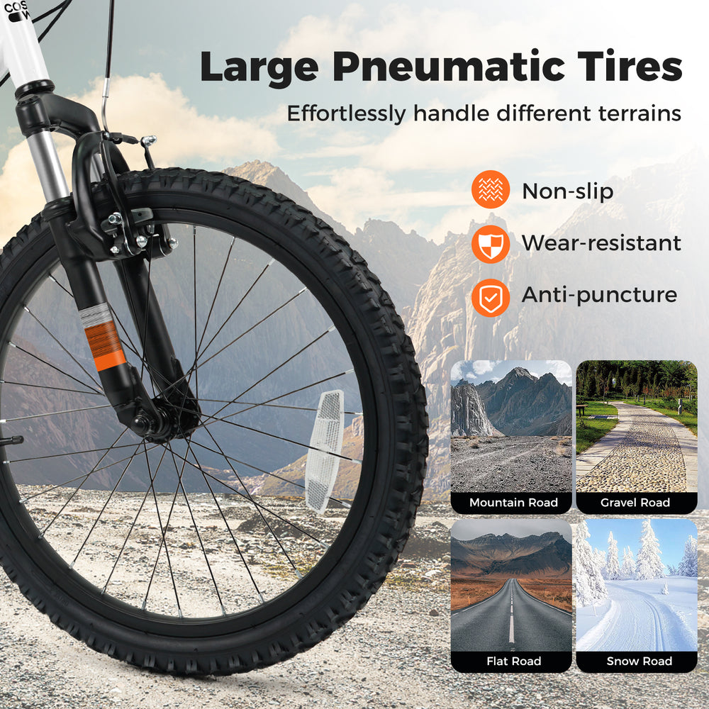 Large pneumatic tire of a kids mountain bike, non-slip and wear-resistant, suitable for various terrains.