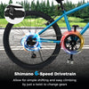 Shimano 6-speed drivetrain on a blue kids mountain bike, enabling easy gear changes for various terrains.