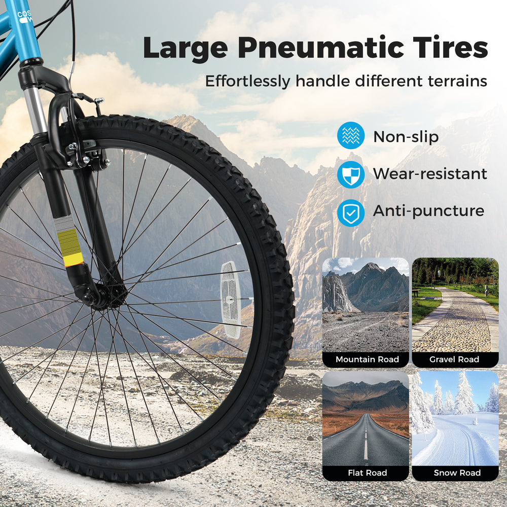 Large pneumatic tires on a kids mountain bike, non-slip and wear-resistant, designed for various terrains like gravel.