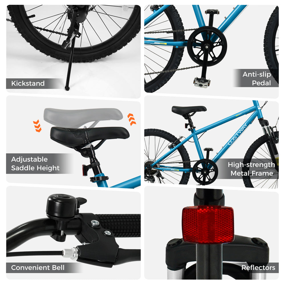 Kids mountain bike features adjustable saddle height, anti-slip pedal, and convenient bell for safe rides in blue.