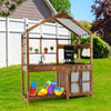 Kid's outdoor solid wood mud kitchen with canopy, featuring a sink, stove, and ample storage for imaginative play.