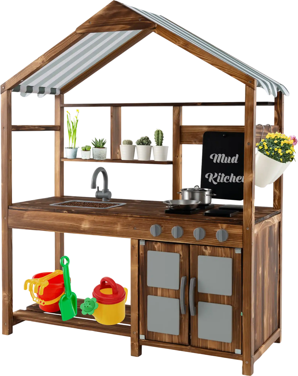 Kid's outdoor mud kitchen with canopy, solid wood, sink, stove, and chalkboard for imaginative play in gardens or.