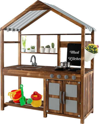 Costway Kids Outdoor Solid Wood Mud Kitchen Playset with Canopy 72389561 New