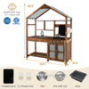 Kid's outdoor mud kitchen in natural wood with canopy, sink, stove, and chalkboard for imaginative play and.