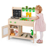 Kids mud kitchen playset with chalkboard, sink, and stainless steel utensils for imaginative cooking fun.