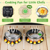 Kids mud kitchen playset with chalkboard, stainless steel utensils, and clicking knobs for imaginative cooking fun.