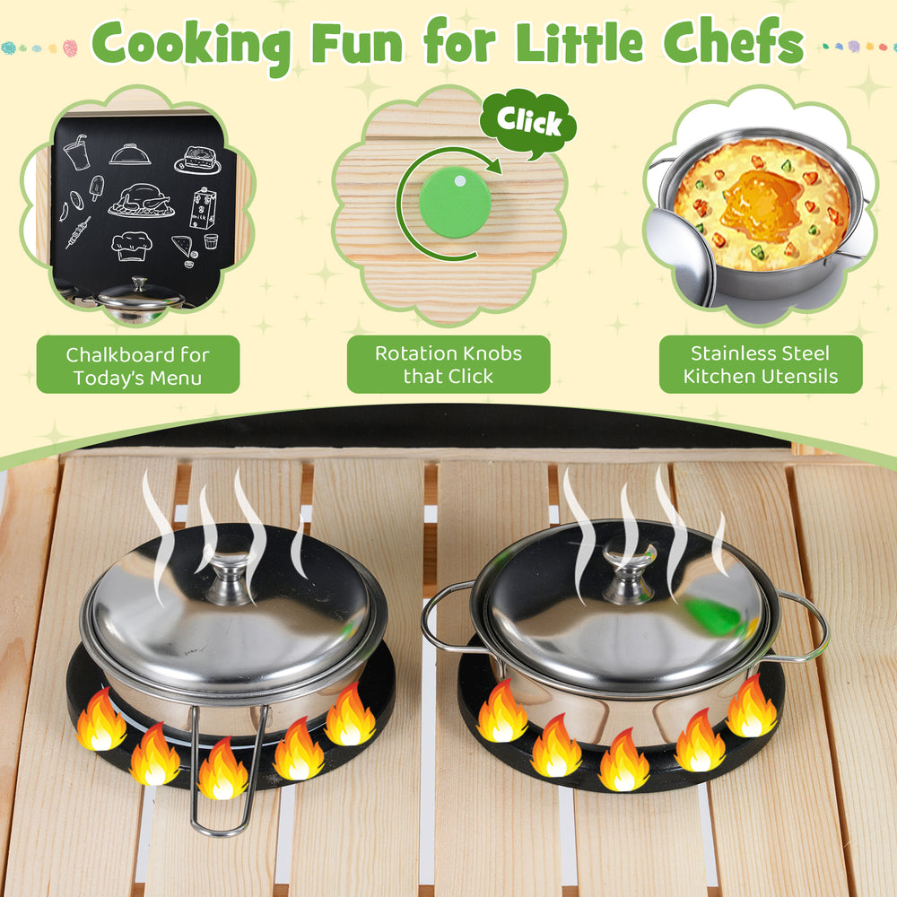 Kids mud kitchen playset with chalkboard, stainless steel utensils, and clicking knobs for imaginative cooking fun.