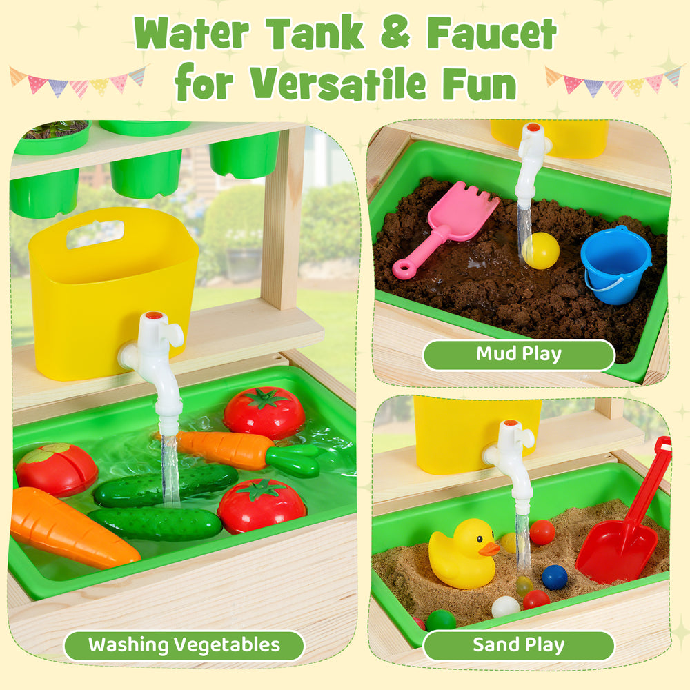 Kids mud kitchen playset featuring a water tank and faucet for washing vegetables, mud play, and sand play activities.