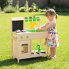 Kids mud kitchen playset with chalkboard, stainless steel utensils, and sink for imaginative outdoor cooking fun.