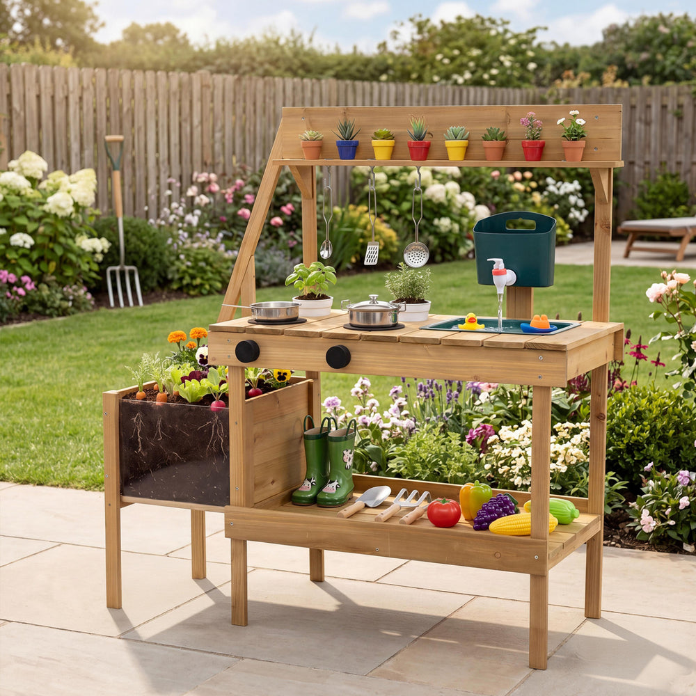 Costzon kids mud kitchen features two removable flowerpots and stoves, designed for outdoor imaginative play and creativity.