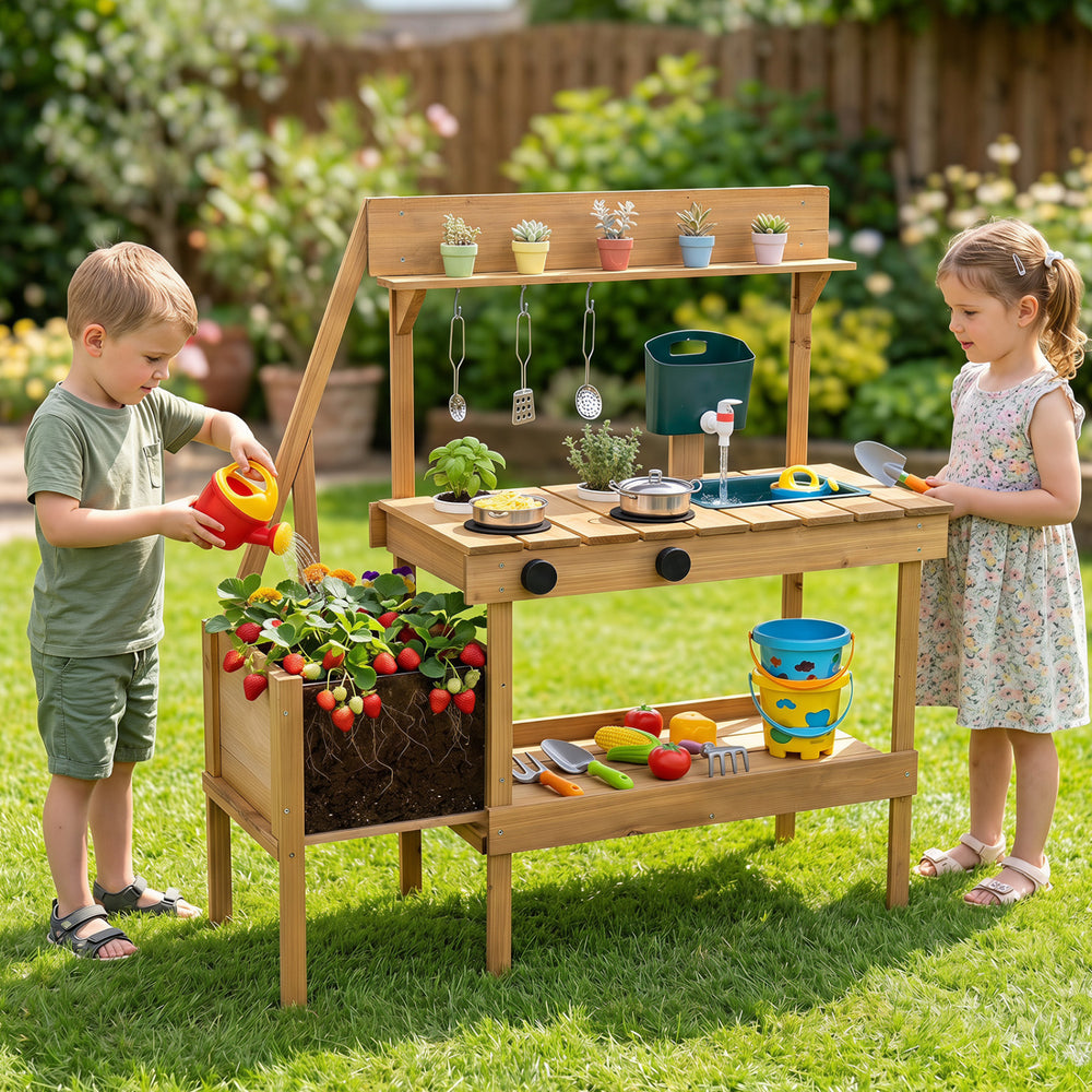 Kids play with the Costzon wooden mud kitchen featuring a planter box, stoves, sink, and 9 accessories for outdoor fun.