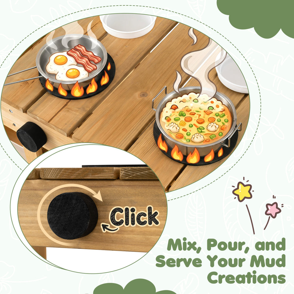 Kids can mix, pour, and serve mud creations with this wooden play kitchen featuring stoves, sink, and planter box.