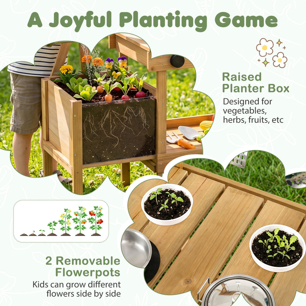 Wooden play kitchen with raised planter box, removable flowerpots, and stoves for outdoor imaginative play.