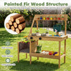 Kids mud kitchen playset made of painted fir wood with planter box, stoves, sink, and 9 accessories for outdoor fun.