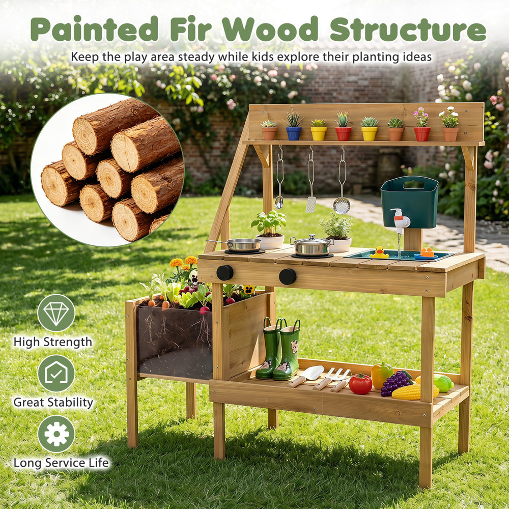 Kids mud kitchen playset made of painted fir wood with planter box, stoves, sink, and 9 accessories for outdoor fun.