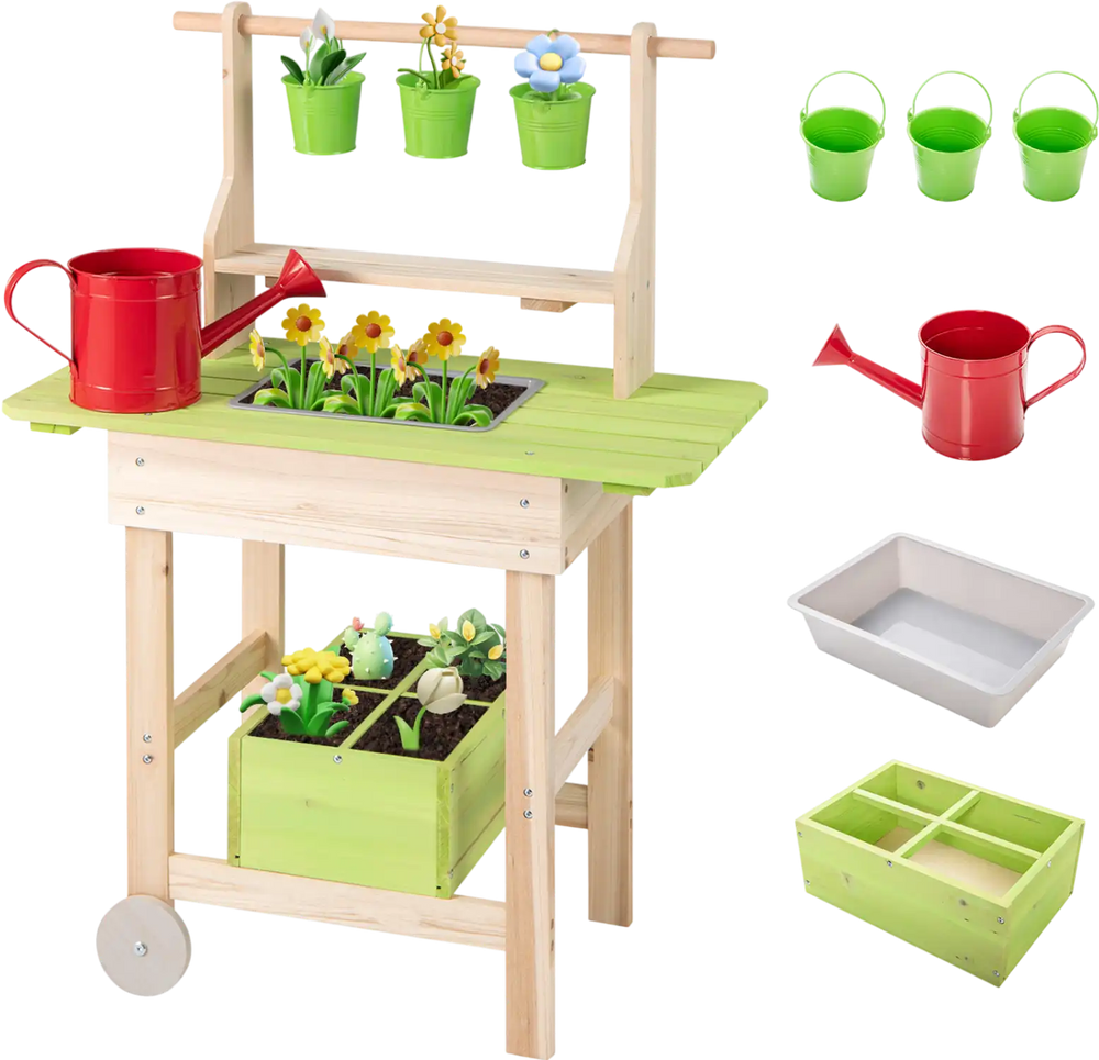 Kids mud kitchen features a removable planting trough, three metal flowerpots, and a cute watering can for imaginative play.