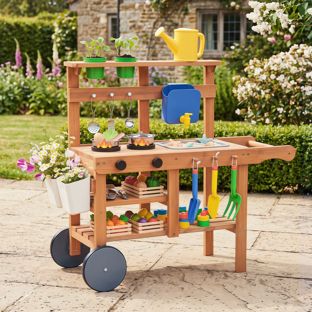 Kids mud kitchen with removable water tank, sink, and 15 accessories for outdoor play and sensory exploration.