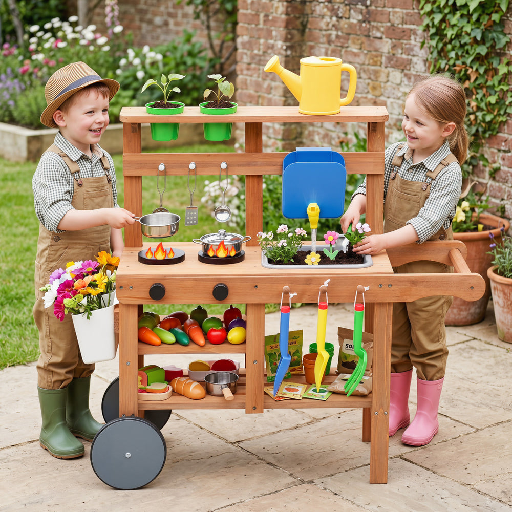 Kids mud kitchen with water tank, sink, and 15 accessories, designed for creative play and sensory exploration.
