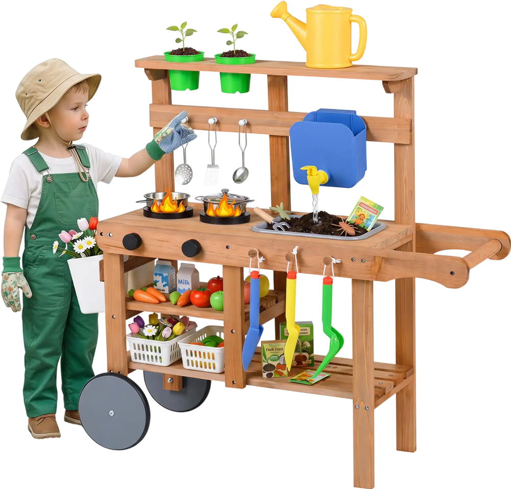 Kids mud kitchen featuring a water tank, sink, and 15 accessories for imaginative outdoor play and sensory exploration.