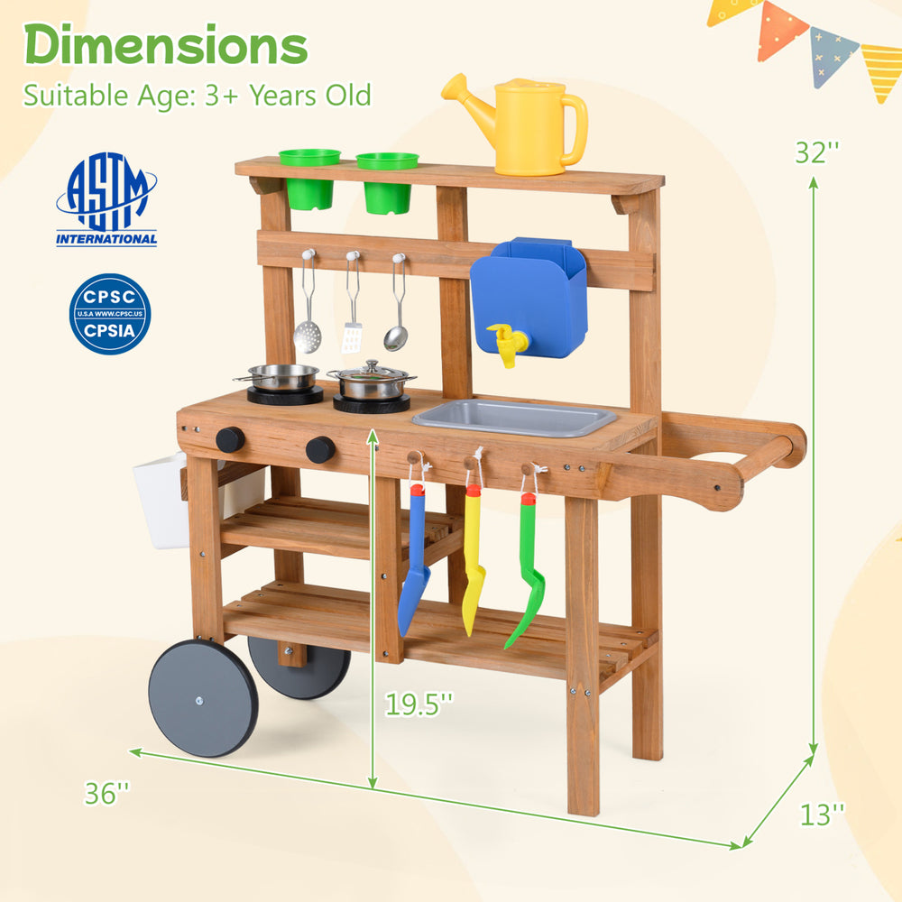 Kids mud kitchen with removable water tank, sink, and 15 accessories for creative play and sensory exploration.