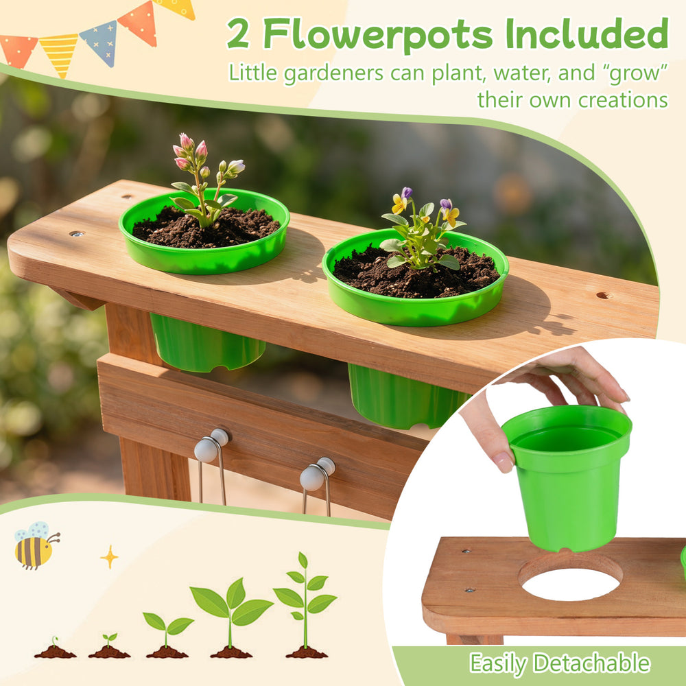 Bright green flowerpots included with the Kids Mud Kitchen, perfect for little gardeners to plant and grow their creations.
