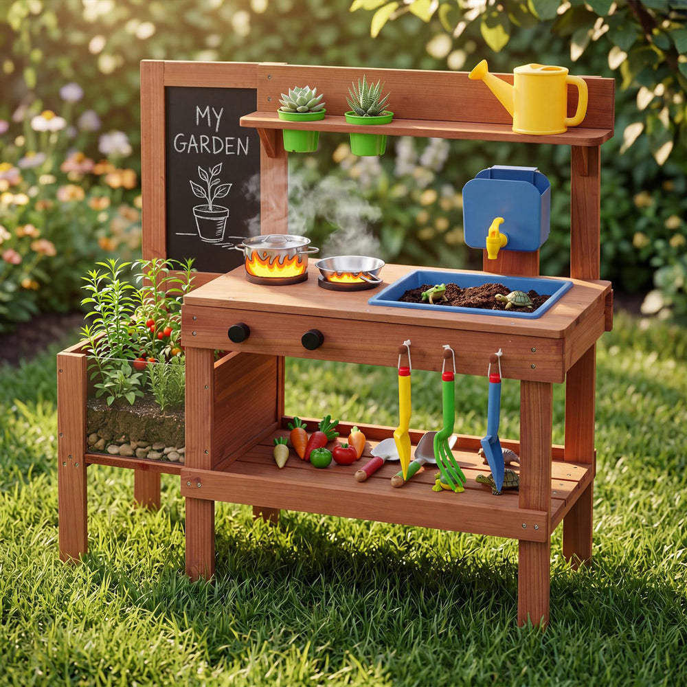 Kids mud kitchen showcasing a water tank and sink for hands-on sensory play, featuring two simulated stoves and accessories.