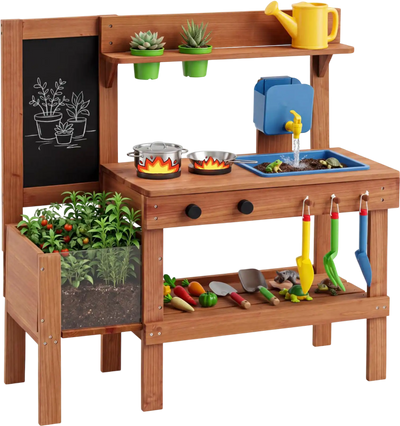 Costway Kids Mud Kitchen Playset w/ Planter Box Sink 13 Accessories 91548531 New