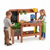 Kids mud kitchen featuring a planter box, sink, and 13 accessories for outdoor play and gardening fun.