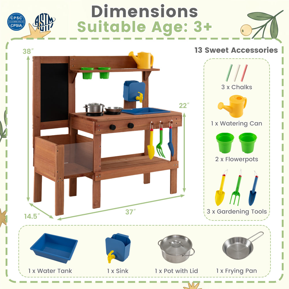 Kids mud kitchen with sink, planter box, and 13 accessories for ages 3+, designed for outdoor imaginative play.