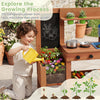Kids mud kitchen with planter box, sink, and 13 accessories for outdoor play and gardening fun.