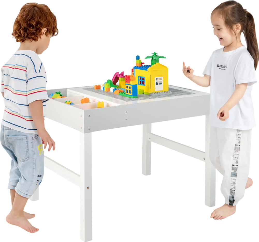 Kids playing at the 3 in 1 Wooden Kids Table with Storage, featuring a reversible tabletop for building blocks and.