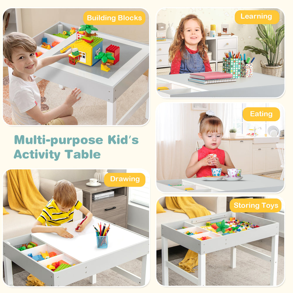 Multi-purpose wooden kids table with storage, featuring a reversible tabletop for building, learning, and drawing.