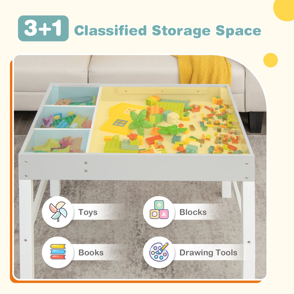 Wooden kids table with storage compartments, featuring a reversible tabletop for blocks, drawing, and play activities.