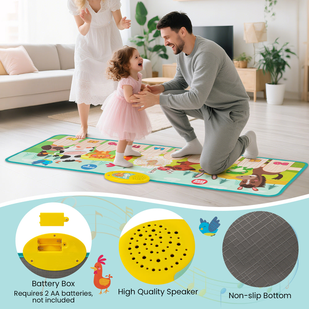 Kids musical mat featuring animal sounds and piano keys, designed for safe play and non-slip use, perfect for indoor.