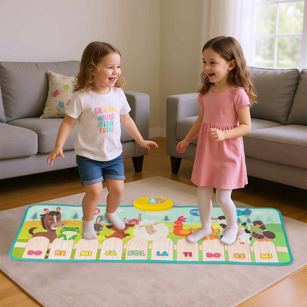 Kids playing on a colorful musical mat featuring animal sounds and piano keys for fun and educational play.