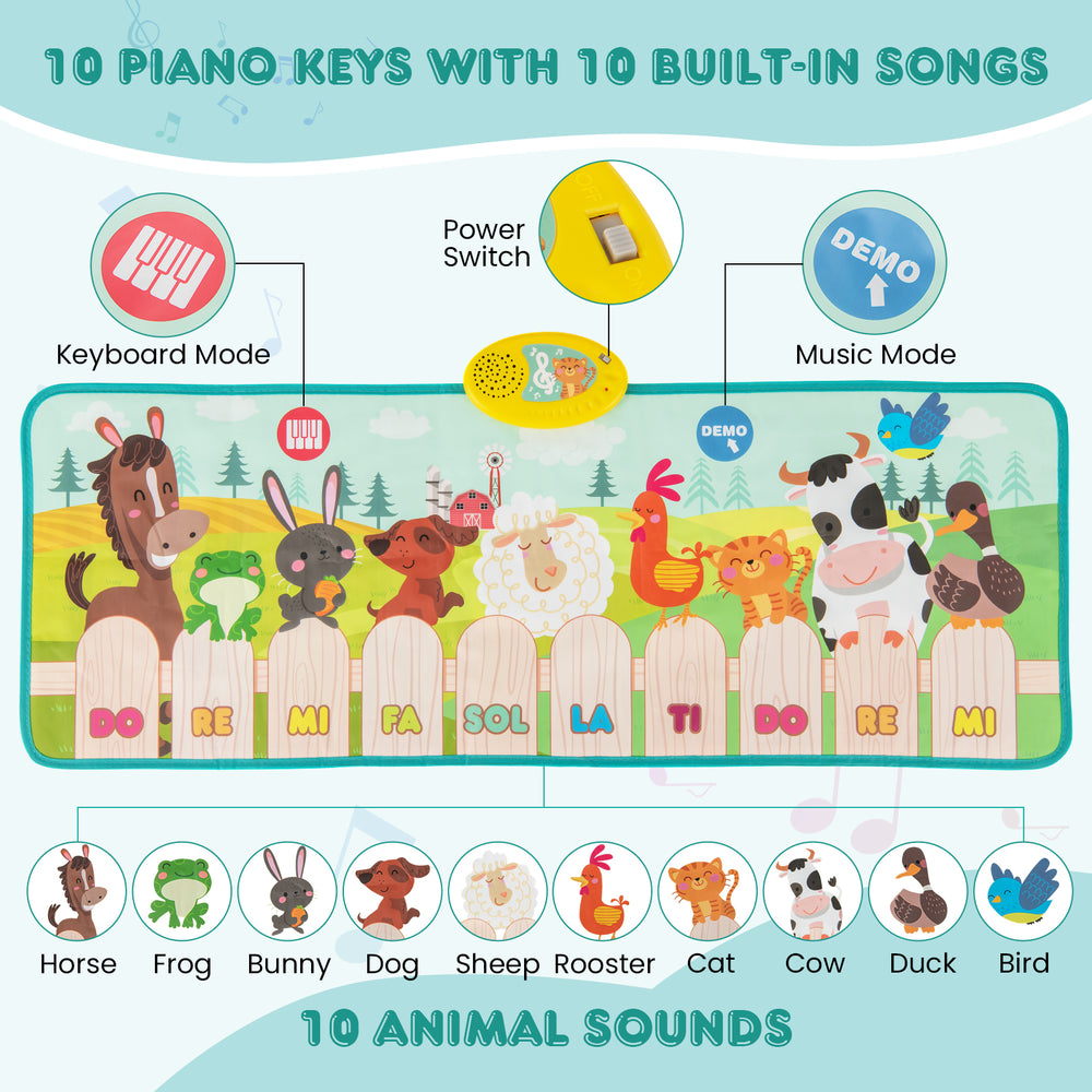 Kids musical mat featuring 10 piano keys, 10 animal sounds, and built-in songs for fun and educational play.