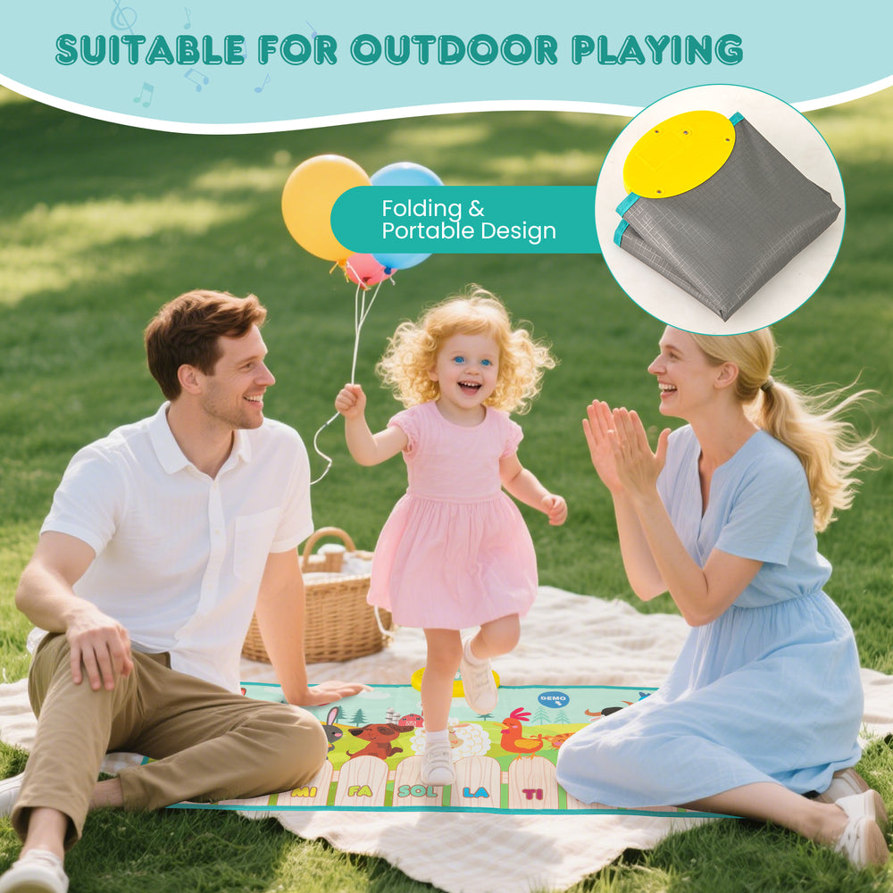 Kids musical mat featuring animal sounds and piano keys, designed for outdoor play with a portable, folding design.