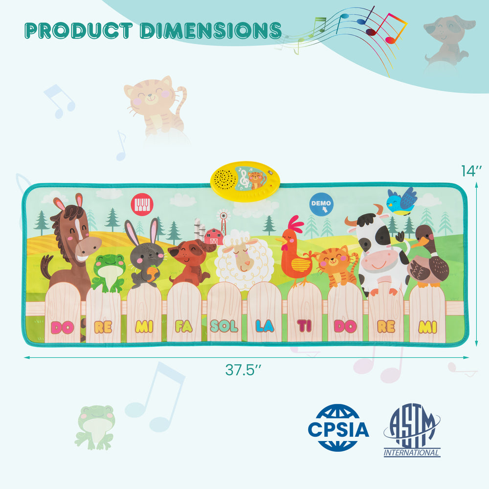 Kids musical mat featuring animal sounds and piano keys, designed for safe, fun play and educational music for children.