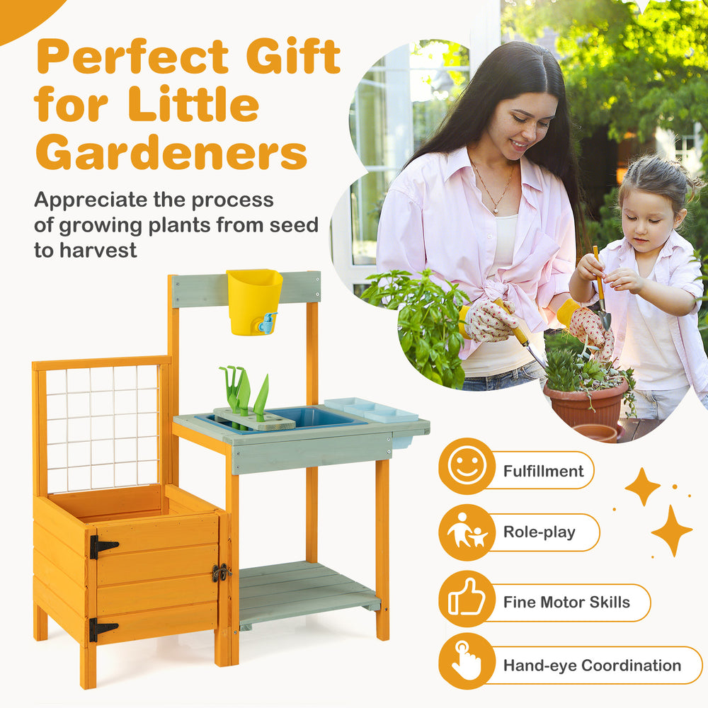 Kids outdoor potting bench with see-through window, fir wood, includes accessories for gardening role-play and skill.