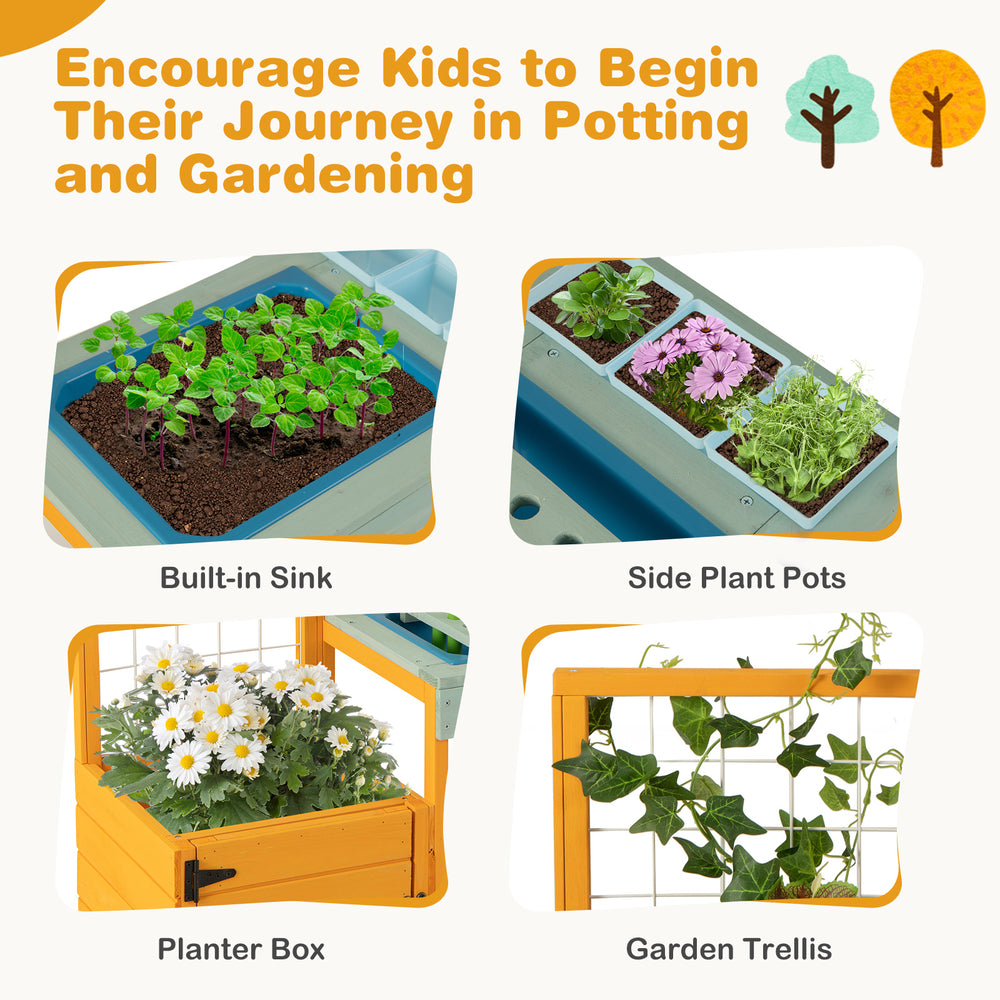 Kids outdoor potting bench with built-in sink, side plant pots, and garden trellis for hands-on gardening fun.