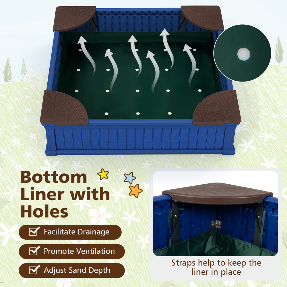 Kids outdoor sandbox with perforated bottom liner for drainage, navy color, and waterproof oxford cover for sand.